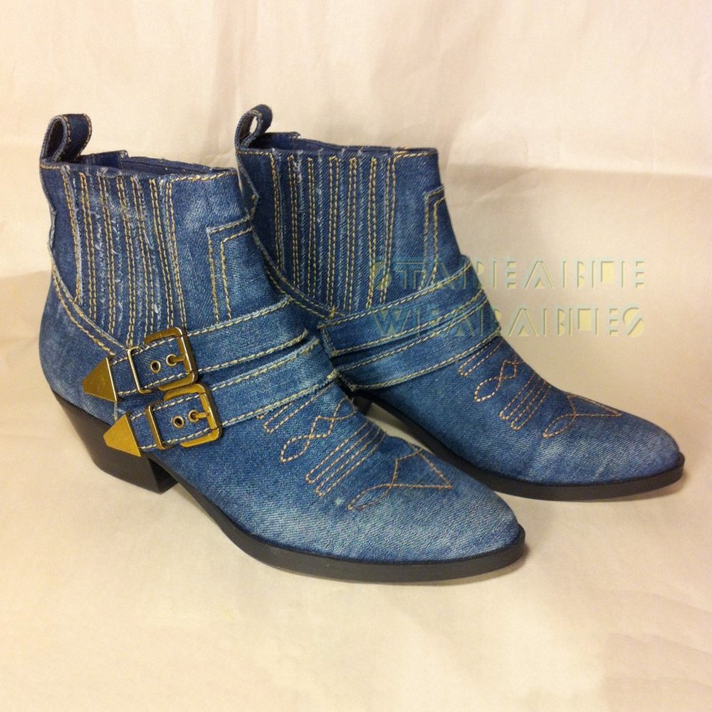 Guess Western Denim Ankle Boots Pull On Booties Distressed Jeans  NWOT Women's 8